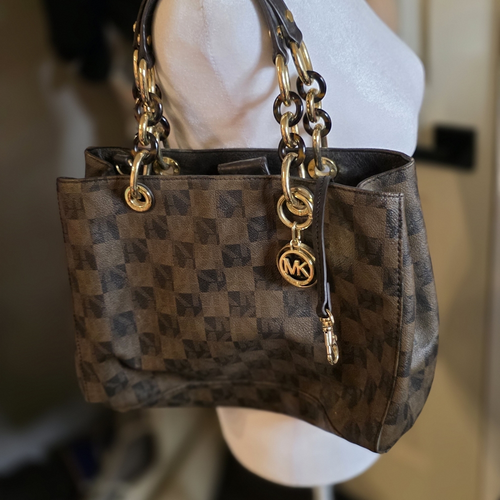 Michael Kors Brown and Gold Logo-Print Tote with Chain Handles